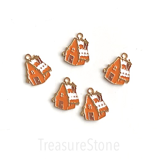 Charm, pendant, 14mm orange gingerbread house, Enamel. 3pcs - Click Image to Close
